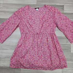 J. Crew Womens Pink Orange Medallion Blouse V-neckline Cotton Size Large